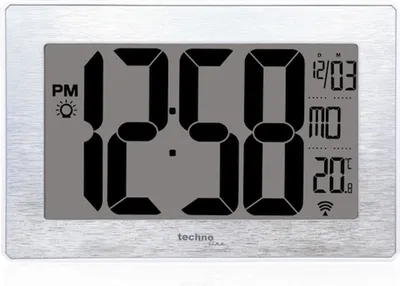A digital clock displaying time, date, and temperature.