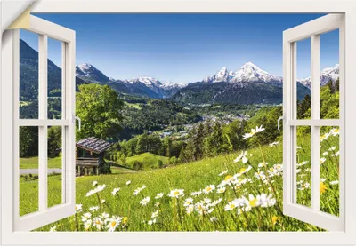 Produktbild von ARTland Wandbild, selbstklebend Bayerischen Alpen, weißes Fenster Größe: 130x90 cm