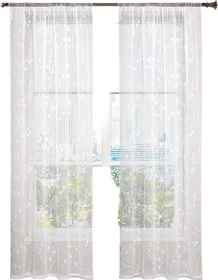 Image de Rideaux transparents à motifs floraux brodés, avec ruban de plis, lot de 2 | Blanc | 140 x 245 cm