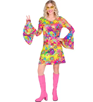 Produktbild von Retro Damen Kleid "Peace & Love" | Mehrfarbig - Kostüm 60er 70er Jahre Größe: XS