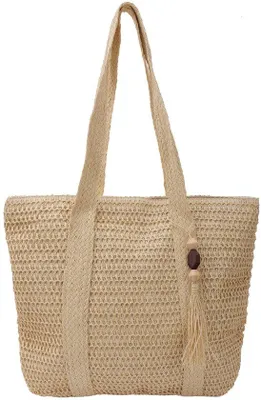 Obrázok produktu pre Plážová taška pre ženy - Kabelka cez rameno s třásňami - 42 x 39 cm - Shopper so zipsom - Woven dámska taška - Veľká - Béžová