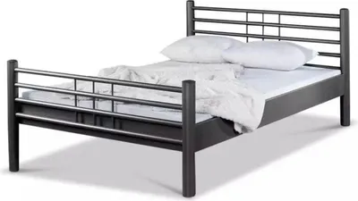 A dark gray metal bed frame with white bedding and pillows, shown against a white background.