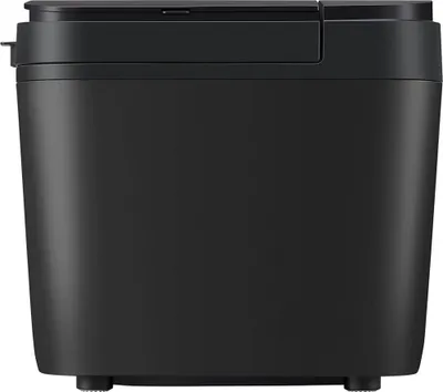 A front view of a black bread maker.