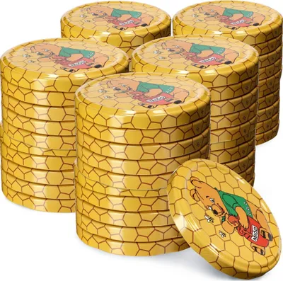 Produktbild von KADAX Einmach-Deckel Set aus Metall "Virbo", mit 6 Einrastzähnen, Winnie Puuh, 82 mm, 50 Stück