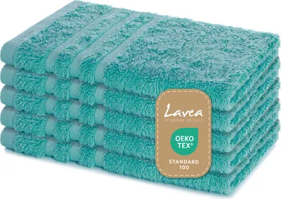 Produktbild von Lavea® 5er Set Gästehandtücher 30x50 cm – Weiche und Saugstarke Gästetücher aus 100% Baumwolle, Frottierserie Elena – Türkis