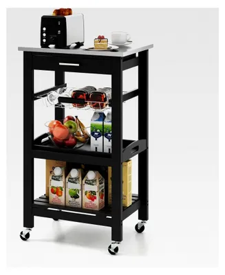 Produktbild von Servierwagen, 47 x 39 x 85 cm, Küchenregal mit Schublade und Korb, Küchenwagen mit Edelstahl-Arbeitsplatte, kleiner Trolley für die Küche (Schwarz)