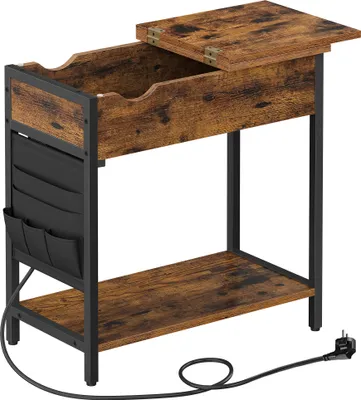 Produktbild von VASAGLE Beistelltisch, Klapptisch, Nachttisch, mit Steckdosen, klappbare Tischplatte, mit Ablage und Stofftasche, für Wohnzimmer, Schlafzimmer, vintagebraun-schwarz LET311B01