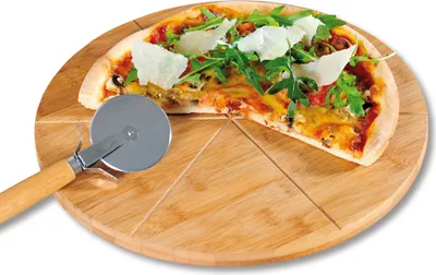 Zdjęcie produktu dla Talerz na pizze z nożykiem, bambusowa tacka na żywność