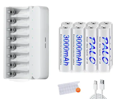 Image de Batteries rechargeables, haute capacité, double option de charge, 8 piles AA et chargeur