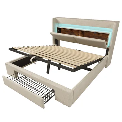 Produktbild von Polsterbett 160x200 cm mit hydraulischem Stauraum, Beige, Leinen, ohne Matratze