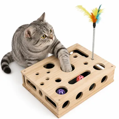 Produktbild von Fummelbrett Katze Holz Katzenspielzeug Kratzbrett für Hauskatzen, KI-generiertes Bild