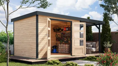A wooden garden shed with an attached covered seating area in a backyard setting.