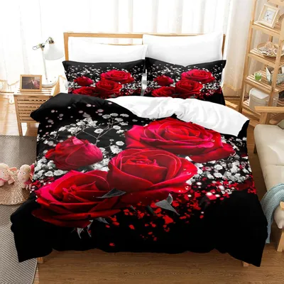 Productafbeelding van Kingsize beddengoedset met rozen, ritssluiting en 2 kussenslopen, zachte ademende microvezel, 230 x 220 cm (90" x 86")
