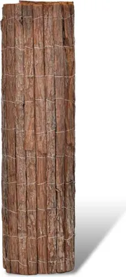 A rolled-up privacy screen made of natural wood.