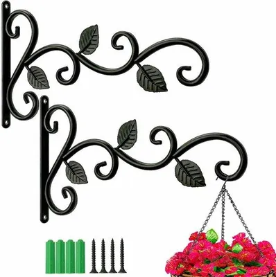 Produktbild von 2 Stück Gartenhaken - Retro Gartenständer - Wandhaken - dekorative Pflanzengestänge - Gartenzinkhaken - Pflanzengartenhaken für draußen - für das Aufhängen von Blumengefäßen , Laternen , Windglocken , Straßenlaternen - 30*18.5 cm - schwarz