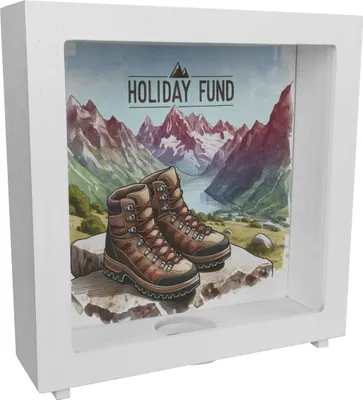 Produktbild von Urlaub in den Bergen Urlaubskasse Rahmen Spardose aus Holz mit Spruch Holiday