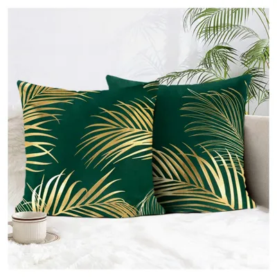 Produktbild von 2er Set Kissenbezüge mit goldenen Blättern 45 x 45 cm Samt Soft Grün Dekorative Kissenhülle mit Goldfolien-Druck für Sofa Schlafzimmer Wohnzimmer Auto Wohnraumdekoration