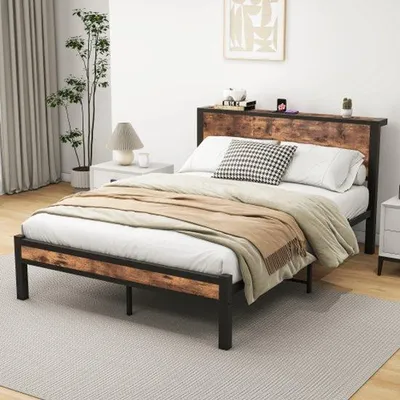 Produktbild von Einzelbetten-Metallrahmen, 140 x 200 cm, mit abnehmbarem Kopfteil, Metallrahmenbett, schallisoliert, Metallrahmen, keine Boxspring erforderlich, Vintage-Braun