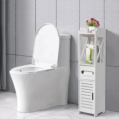 A white bathroom cabinet is shown next to a white toilet in a bathroom.