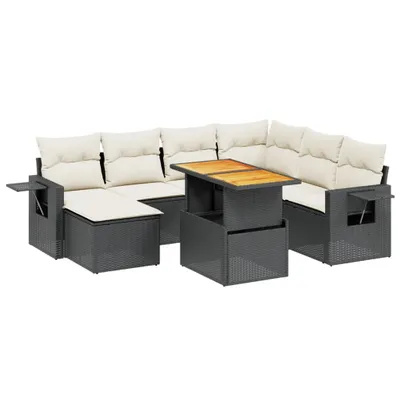 Produktbild von 8-tlg. Gartenmöbel-Set, Poly Rattan Lounge mit verstellbarem Tisch, Klappablagen, abnehmbaren cremeweißen Kissen, Schwarz