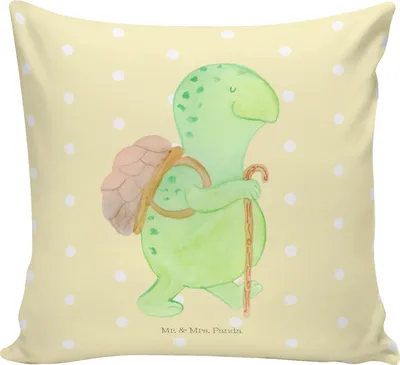 Produktbild von Mr. & Mrs. Panda kissen bedruckt Schildkröte Wanderer - Gelb Pastell - Geschenk, Motivationsspruch, Rucksack, 40x40, Kleines, Motivationssprüche, Entpannt, Dekokissen