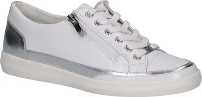 A white sneaker with silver accents and a zipper detail, shown from a side angle on a white background.