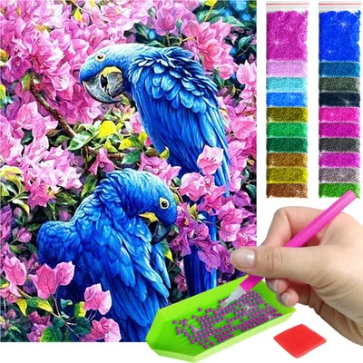 Produktbild von ARTULIO - Diamond Painting Set - Blaue Papageien zwischen Blüten - 40 x 30 cm - Bilder DIY, Home Wand Deko, Crystal Art