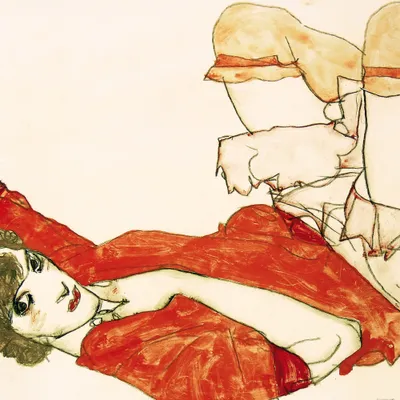 Produktbild von Egon Schiele Kunstdruck Bild - Wally In Roter Bluse Mit Erhobenen Knien, 1913 (100 x 100 cm)