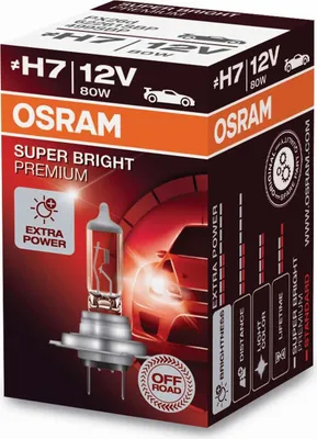 A product box for OSRAM Super Bright Premium H7 12V/80W headlight bulbs.