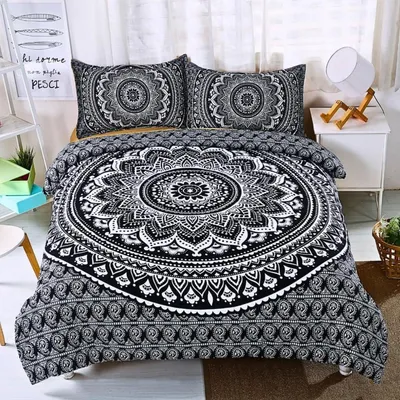 Immagine prodotto di Set di lenzuola 155x220 cm, bianco e nero, motivo floreale mandala, microfibra, 2 pezzi