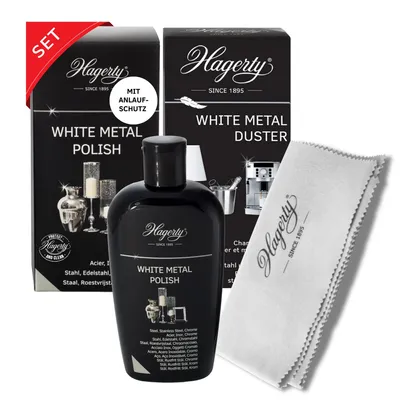 Produktbild von Hagerty Set White Metal Polish Edelstahlpolitur + Duster für die Reinigung von Edelstahl I Metallpolitur & Baumwoll Poliertuch für weißes Metall/Chrom