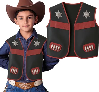 Immagine prodotto di Cowboy Sceriffo Gilet Carnevale Eroe Occidentale Frangia Bambini Costume Gilet Colorato Sceriffo Stella Distintivo Avventura Selvaggio Occidente Gioco di Ruolo Carnevale, Colore: Nero