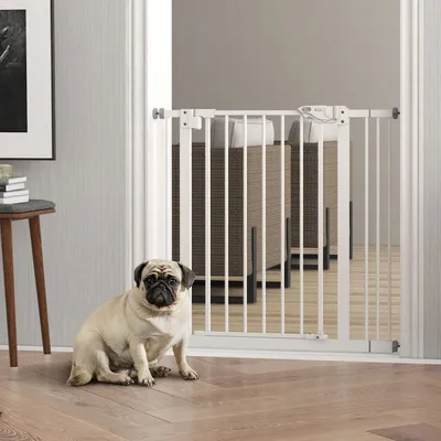 Produktbild von Türschutzgitter Hund selbstschließend, Absperrgitter Einhandbedienung, Metall Kunststoff, Weiß | 77 cm hoch | 74–87 cm Breite | doppeltes Schloss