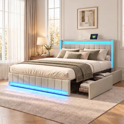 Image de Lit 140x200 avec rangement, lit rembourré avec éclairage LED, ports de type C et USB, lit pour adolescents avec 4 tiroirs, en lin, couleur beige