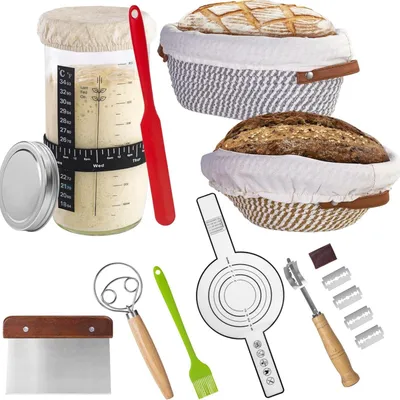 Productafbeelding van Set van 15 rijsmanden van riet, bestaande uit 23 cm ronde en 25 cm ovale manden, een starterset voor zuurdesem met een zuurdesemglas, een deegschraper, een bakmat en broodbakaccessoires