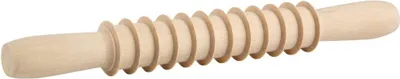 A wooden pasta roller with a ribbed surface and handles on both ends, isolated on a white background.