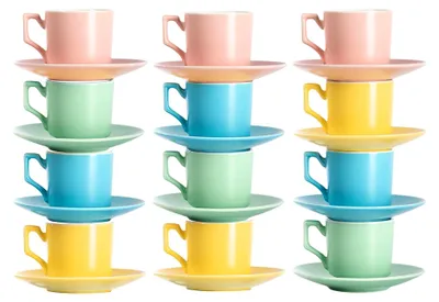 Produktbild von 12 Espressotassen in 4 matten Pastellfarben mit passenden Untertassen im Set