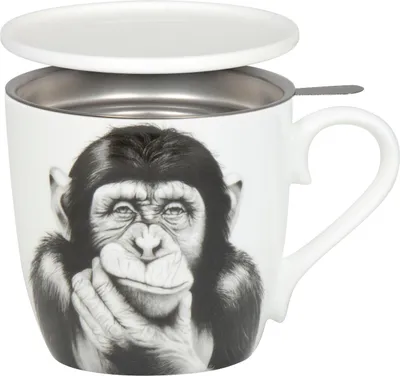 Produktbild von KÖNITZ 115S572830 Becher DENKENDER AFFE 425 ml mit Sieb und Deckel, Bone China Porzellan
