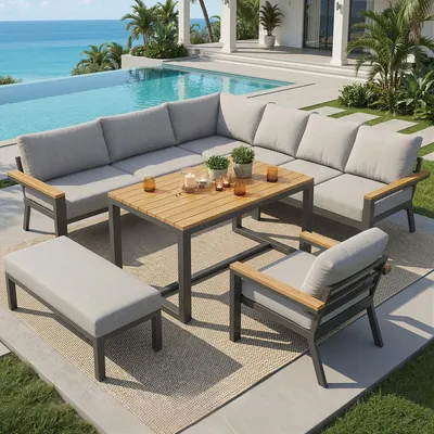 Produktbild von 6-teilig Eisen Lounge-Set Sitzgruppe 8 Personen Gartenmöbel Set mit WPC-Tisch & 10cm Polster Grau-Anthrazit