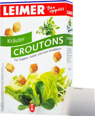 Produktbild von Leimer Croutons Kräuter für Suppen Salate und zum Knabbern (100g Packung) + usy Block