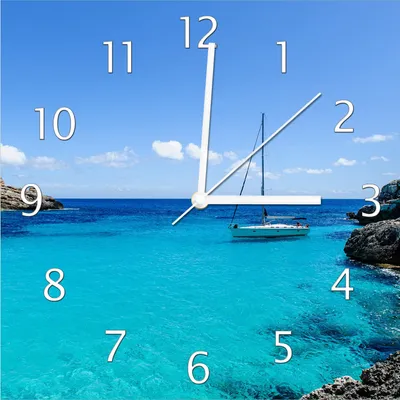 Produktbild von Wallario Design Wanduhr Segelboot in der Bucht aus Echtglas, Größe 30 x 30 cm