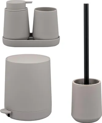 Immagine prodotto di Set da bagno eluno TESERO 5 pezzi con dispenser per sapone, bicchiere, vaschetta, cestino per cosmetici da 4 litri e set WC in plastica color tortora
