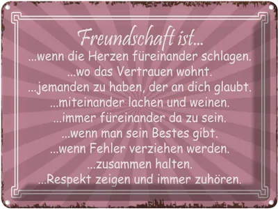 Produktbild von vianmo Blechschild 30x40 cm Freundschaft ist wenn Herze Spruch Zitat