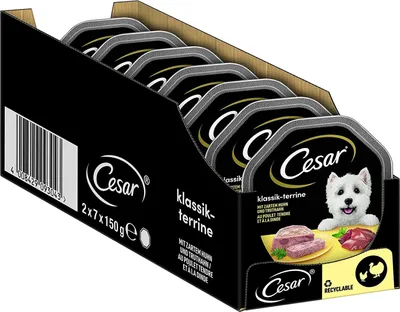 Produktbild von Cesar Klassik-Terrine Nassfutter für ausgewachsene Hunde mit zartem Huhn und Truthahn, Schale 14 x 150g