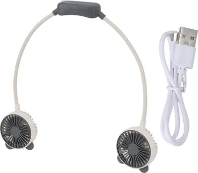 Productafbeelding van Draagbare nekventilator met dubbele kop, flexibel, draagbaar, USB, oplaadbaar, mini formaat, handsfree, wit, geschikt voor kantoor en reizen
