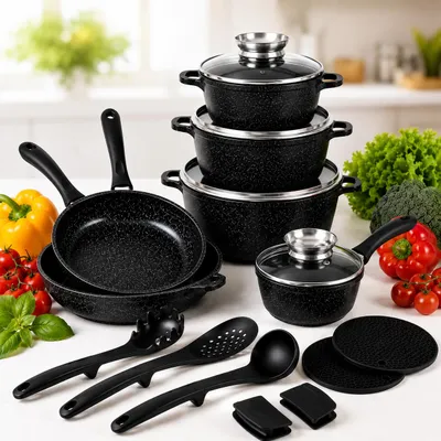 Immagine prodotto di Set di pentole Masterpan, 15 pezzi, composto da pentole di 16/20/24/28 cm e padella di 24/28 cm. Set di pentole con padella, adatto per piani cottura a induzione e per tutti i tipi di fornelli, con rivestimento antiaderente MP2166, Immagine generata dall'IA