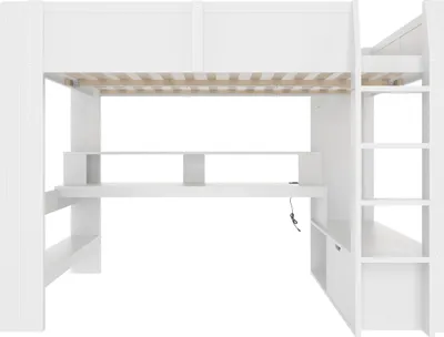 Produktbild von Flieks Etagenbett 140x200cm mit Schreibtisch und Regal, Hochbett mit Schublade und Led, Kinderbett Doppelbett mit Lattenrost, Weiß