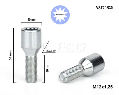 Obrázek produktu pro Kolový šroub M12x1,25x30 kužel s vnitřním mnohohranem, VST20B30, průměr hlavy 20mm, výška 56 mm