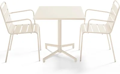 Produktbild von Set aus 70 cm Tisch und 2 elfenbeinen Gartensesseln aus Metall - Oviala Palavas