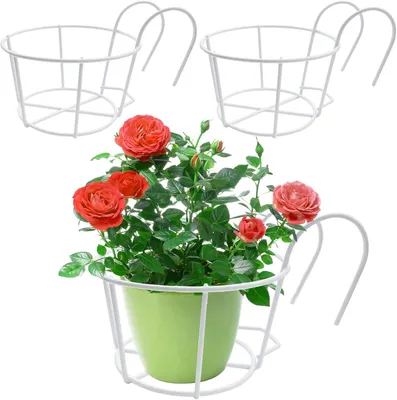Produktbild von Set mit 3 runden Hängeblumentopfhalterungen – Metall – Für Balkon, Garten, Geländer, Zaun – Weiß